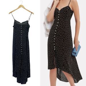 Intermix Linette Black Polka Dot Midi Dress Size 2 Spaghetti Strap Button Front
